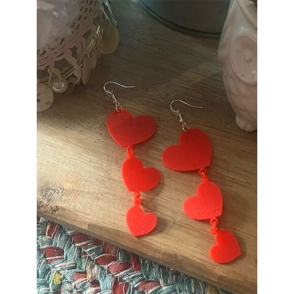 Handmade Red Heart Dangle Earrings 3-D printed on 925 sterling silver hooks - Picture 2 of 4